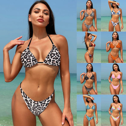 Leopard Print Floral Three-Piece Open Back Bikini Set Swimsuit-2