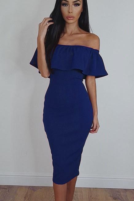 Clearance Off Shoulder Ruffle Solid Sheath Knee-length Dress