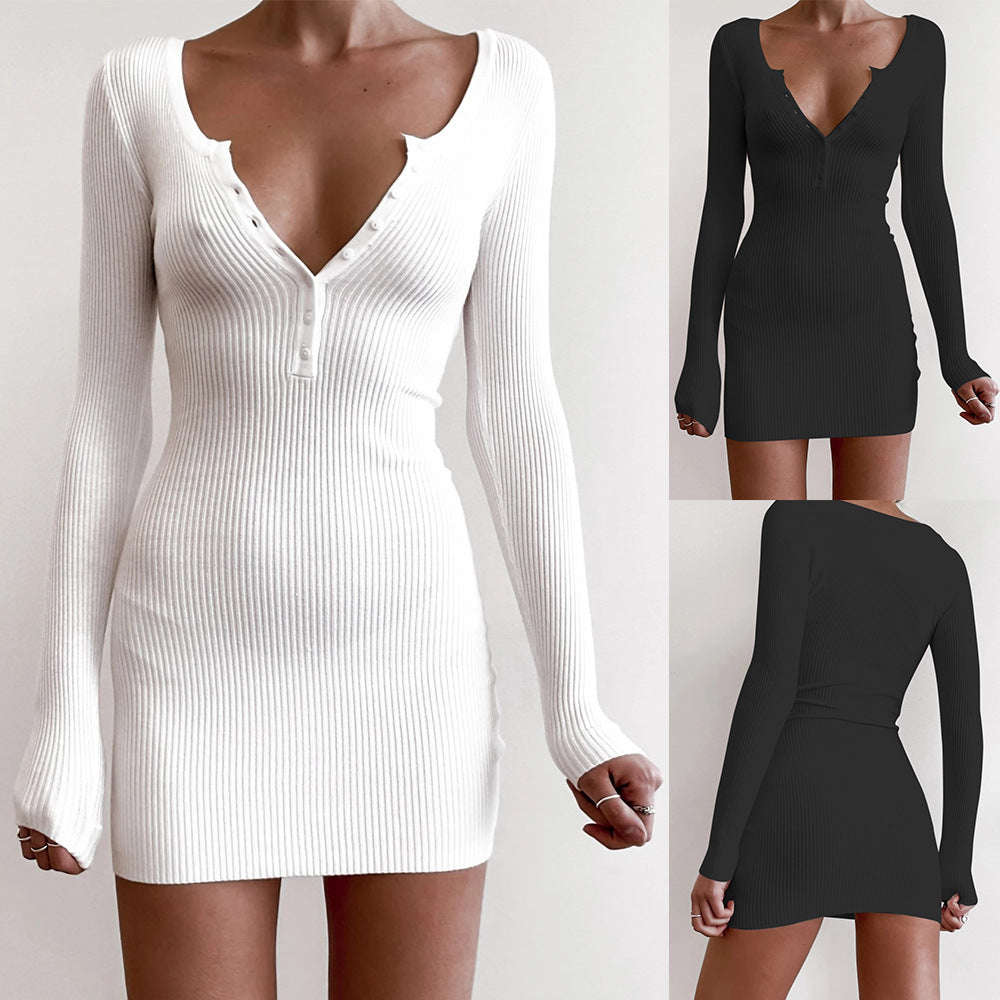 Deep V Neck Long Sleeve Sweater Bodycon Dress