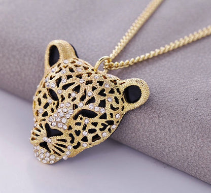 Rhinestone Leopard Tiger Head Chain Necklace Sweater