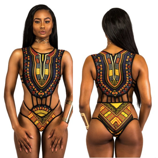 Bohemian Print Scoop Neck Backless One Piece Swimwear Bikini