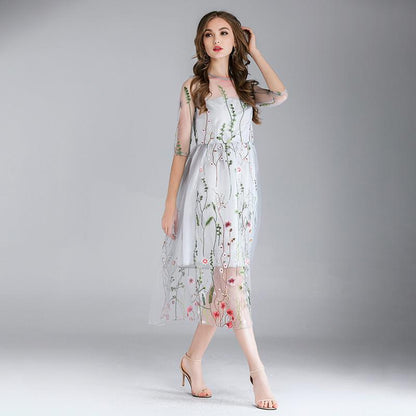 Embroidery Flowers Transparent Mesh Patchwork Tee-length Dress