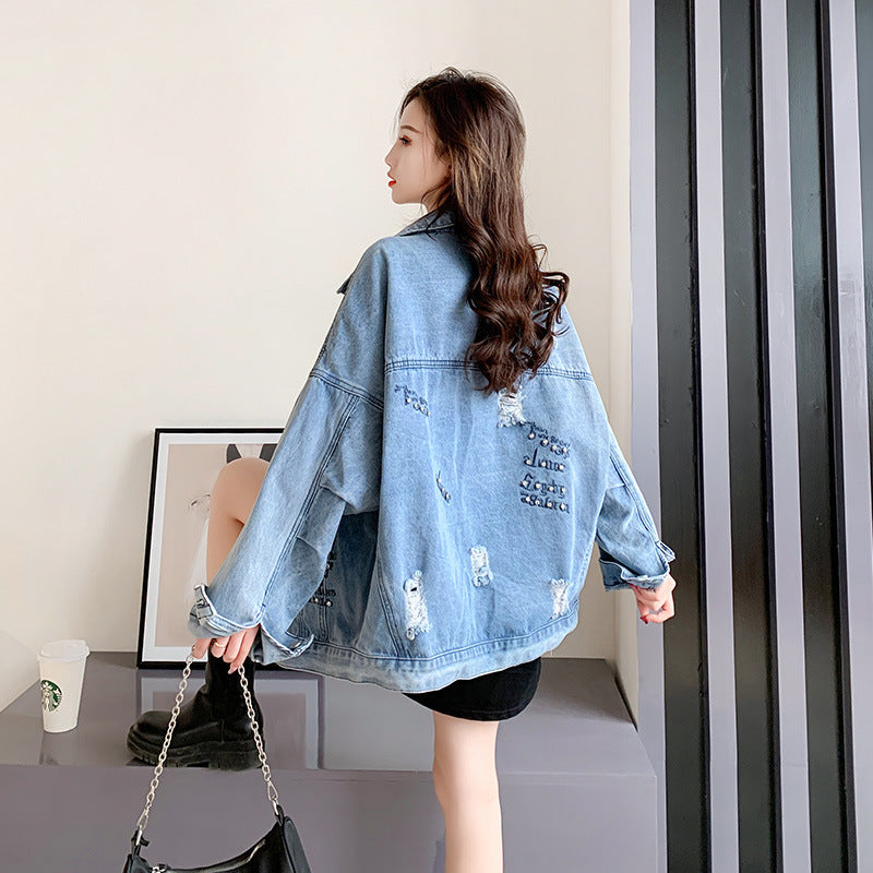 Autumn Loose Hole Denim Coat-Homeunderwear