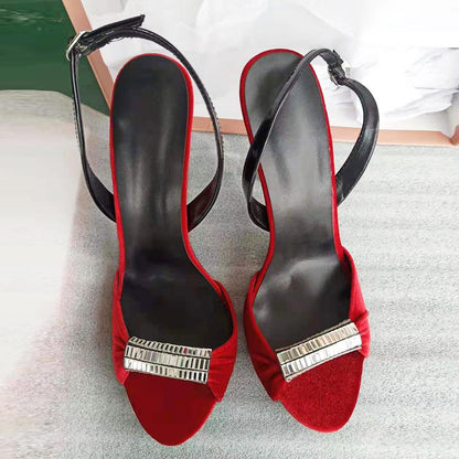 Black Red Velvet Diamond Super High Heel Sandals Dinner Shoes