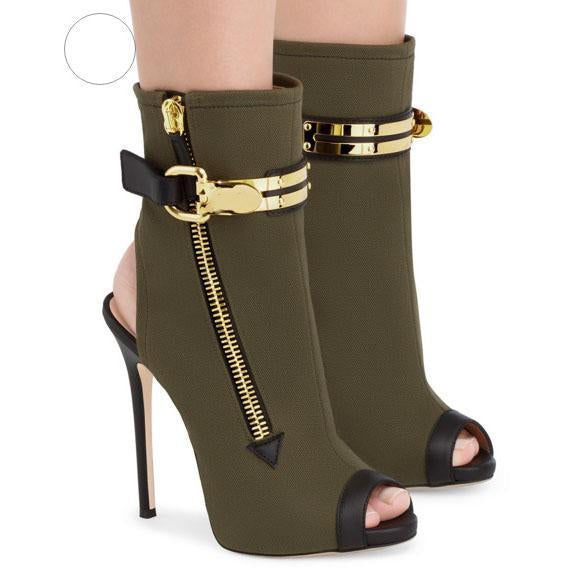 Army Green Peep-Toe Buckled Stiletto Heel Ankle Boots