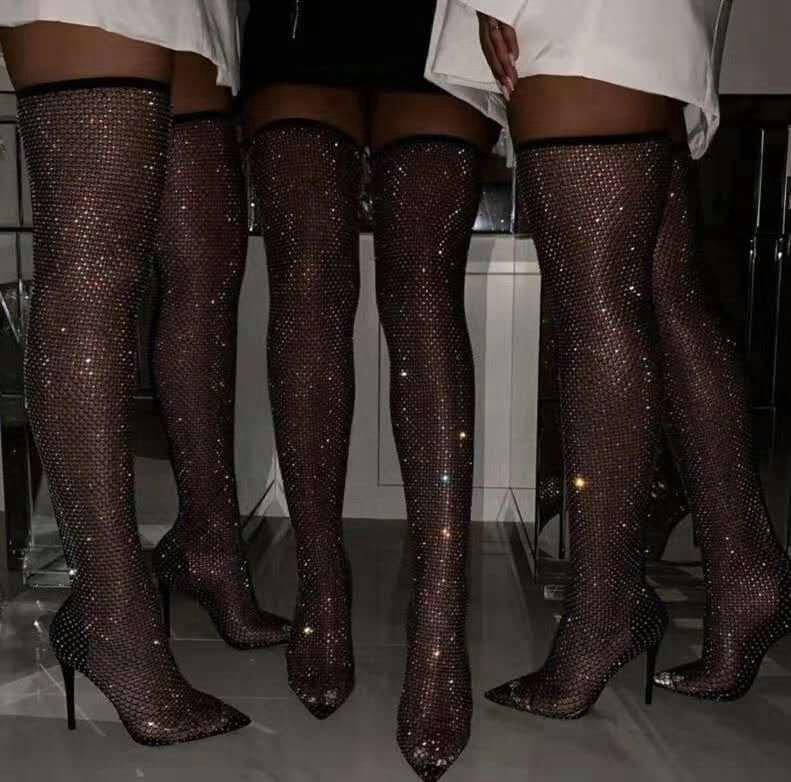 Rhinestone Mesh elastic long high tube socks Knee Boots