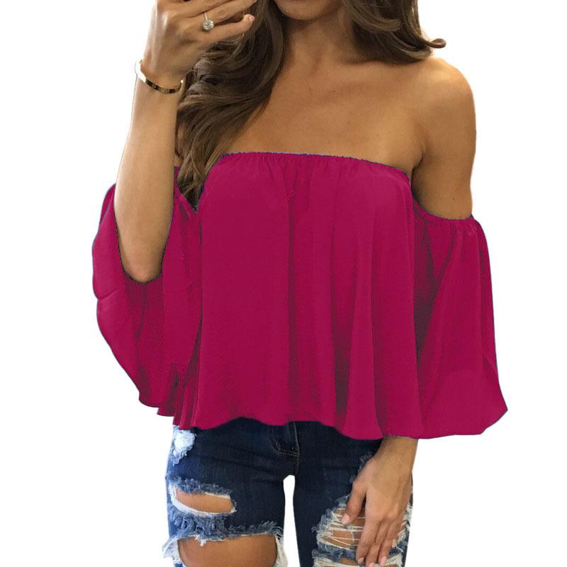 Sexy Off Shoulder Long Sleeve Chiffon Loose Blouses Larging Code
