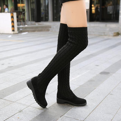 Knitted Wool High Barrel Flat Bottomed Over Knee Elastic Boots