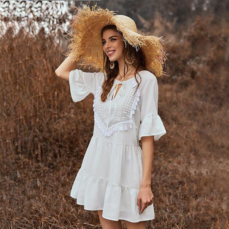 Ruffle Fringe Neckline Lace Up Flared Sleeve Dress