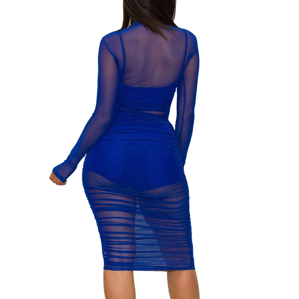 Sexy Mesh Long Sleeve Party Dress(Dress + Vest + shorts 3-piece set)