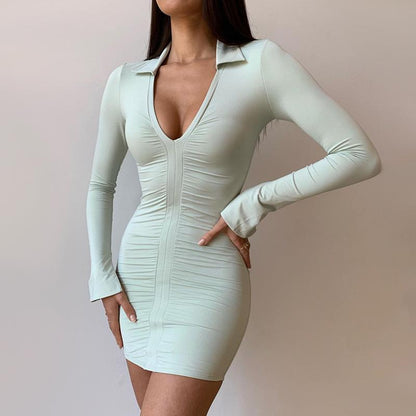 Deep V-neck Pleated Long Sleeve Hip Wrap Dress