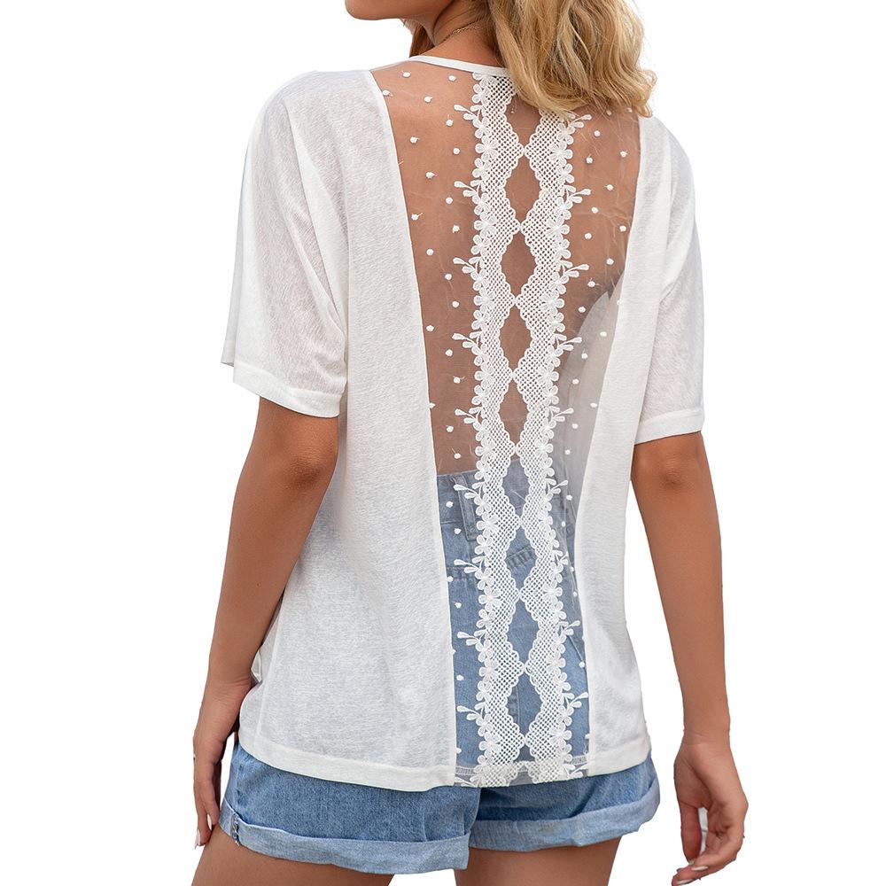 Round neck short sleeve cut out lace stitching T-shirt