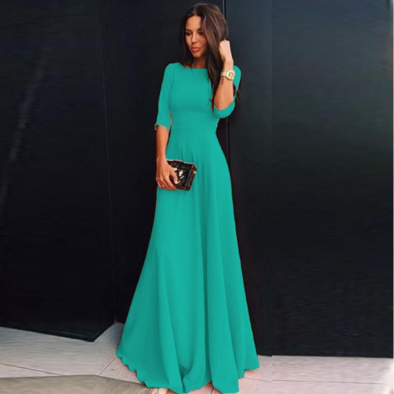 Slim Pure Color 3/4 Sleeves Pleated Long Maxi Dress