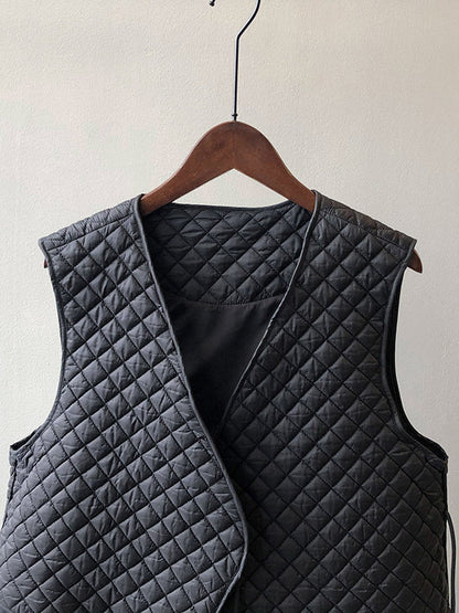 Casual Sleeveless Rhombic Quilted Lace-Up Asymmetric V-Neck Vest Top