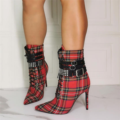 Red Plaid Point Toe Buckle High Heel Calf Boots