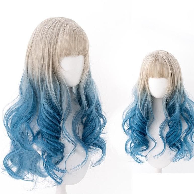 Free Shipping For Hivava White Blue Mixed Large Wavy Long Curly Wig