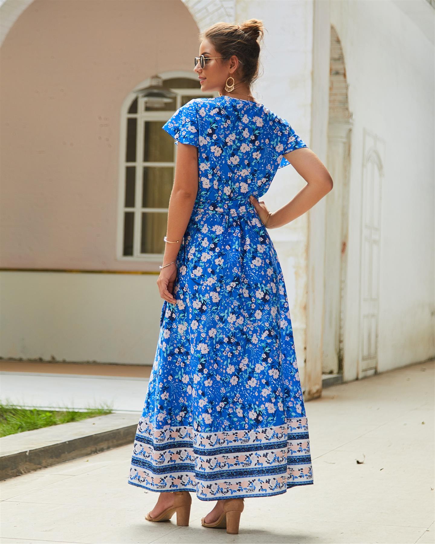 Bohemian Style Wrap Maxi Dress In Blue & Pink Floral Print