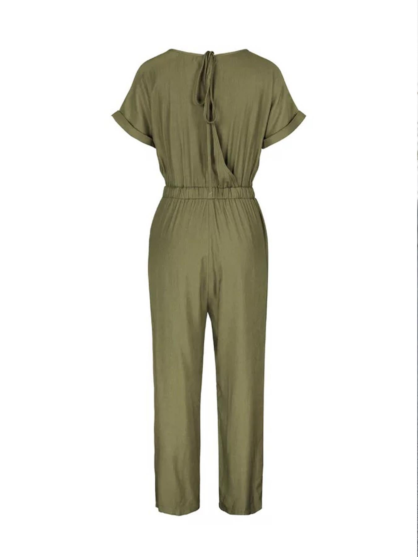 Back Detail Short Sleeve Jumpsuit In Olive Green