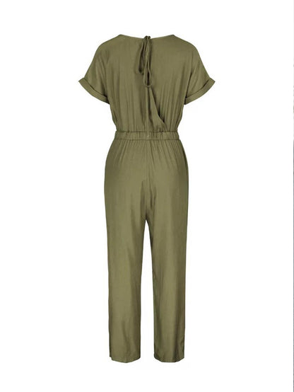 Back Detail Short Sleeve Jumpsuit In Olive Green