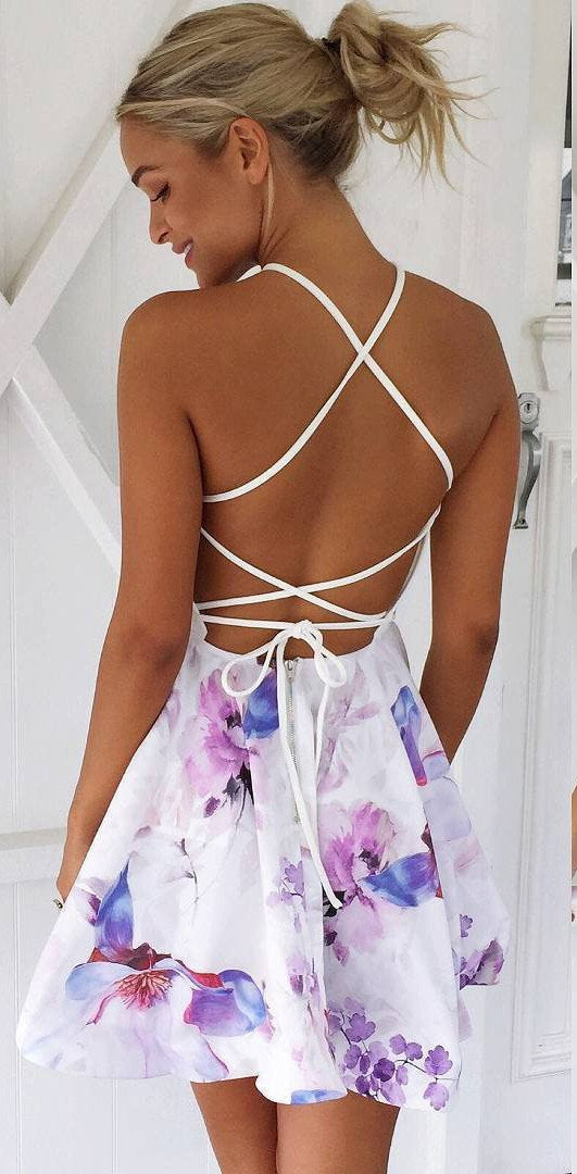 Strap Backless Print Sleeveless Short Dress