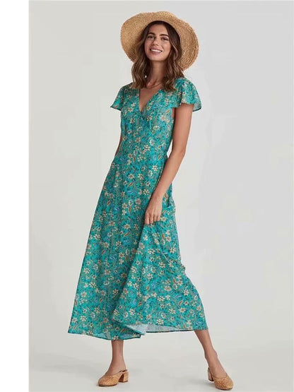 Charming Tea Dress In Turquoise Floral Print