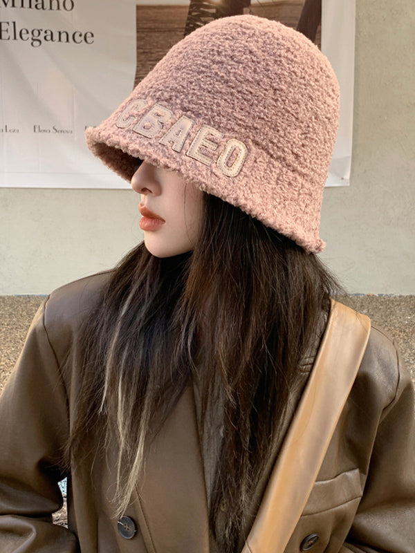 Casual Keep Warm Solid Color Letter Applique Bucket Hat-Homeunderwear