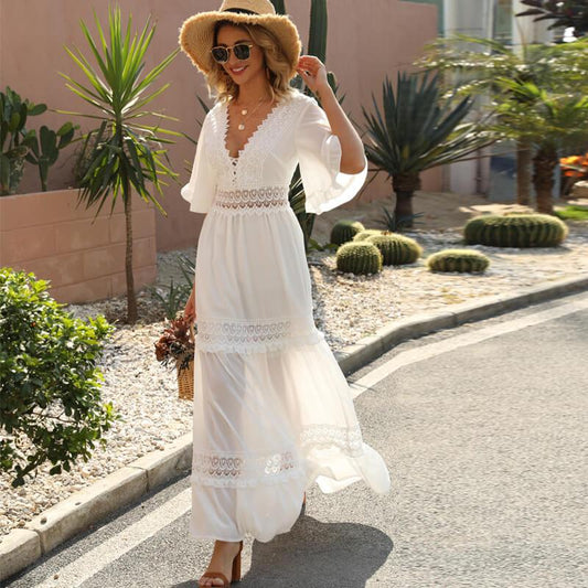 Beach White Chiffon Backless Maxi Dress