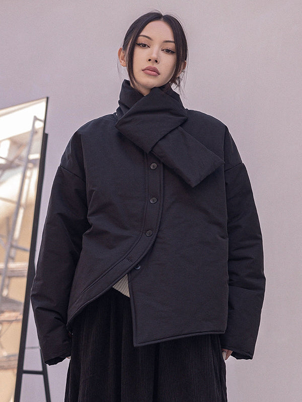 Urban Long Sleeves Buttoned Asymmetric Solid Color Round-Neck Padded Coat With Scarf