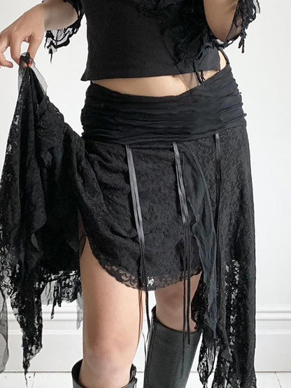 Irregular Hem Design With Wavy Edge Lace Splicing Skirts