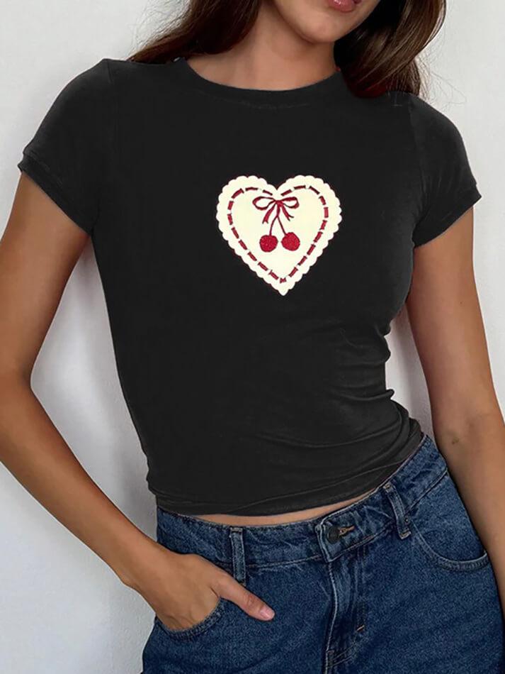 Embroidered Cherry Heart Baby Tee