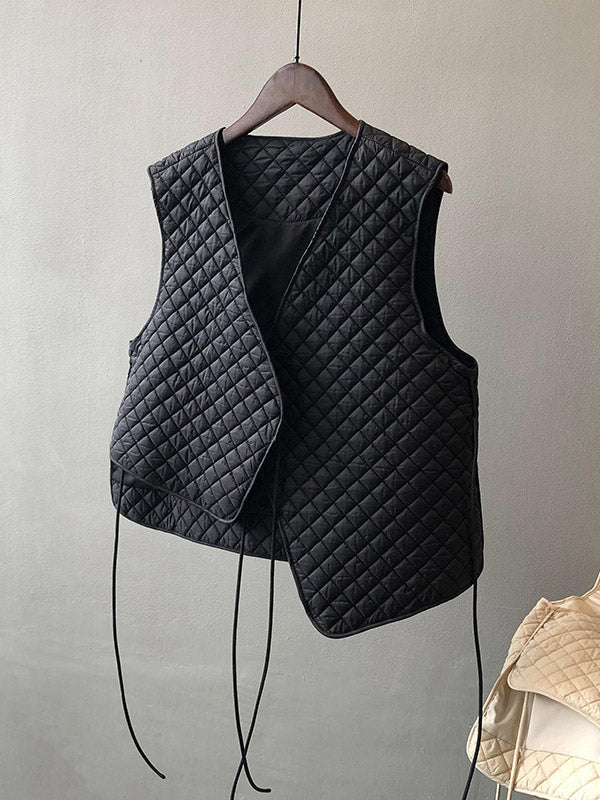 Casual Sleeveless Rhombic Quilted Lace-Up Asymmetric V-Neck Vest Top