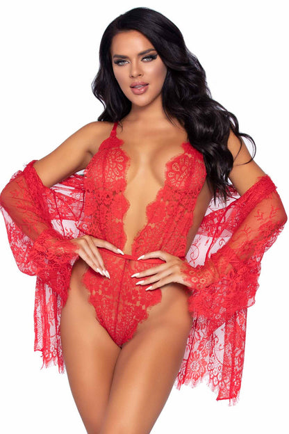 Free Shipping For 3 Piece Floral Lace Teddy, Thong Back, Matching Robe & Satin Tie