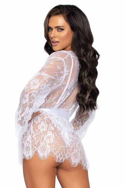 Free Shipping For 3 Piece Floral Lace Teddy, Thong Back, Matching Robe & Satin Tie