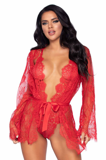 Free Shipping For 3 Piece Floral Lace Teddy, Thong Back, Matching Robe & Satin Tie