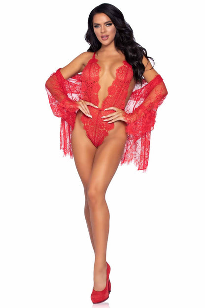 Free Shipping For 3 Piece Floral Lace Teddy, Thong Back, Matching Robe & Satin Tie