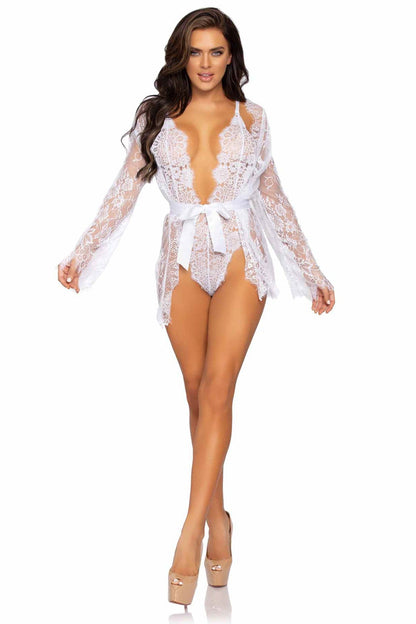 Free Shipping For 3 Piece Floral Lace Teddy, Thong Back, Matching Robe & Satin Tie