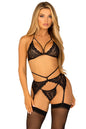 Free Shipping For 3 Piece Scalloped Lace Cage Strap Bra, Garter Belt, G-String Set