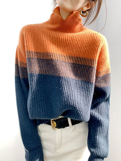 Casual Loose Long Sleeves Striped High-Neck Sweater Tops-Homeunderwear