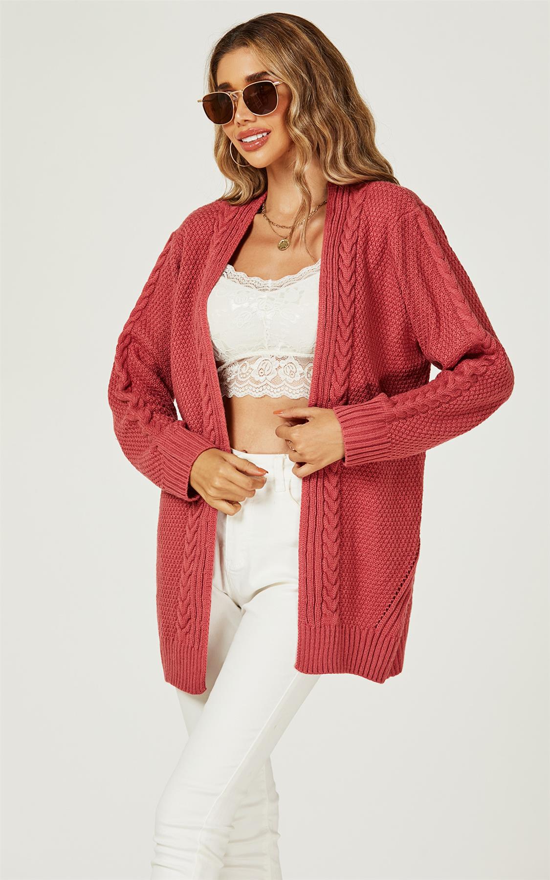 Midi Cable Knit Cardigan in Rusty Red