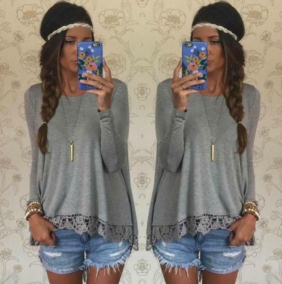 Clearance Lace Patchwork Long Sleeves Casual Loose Scoop T-shirt