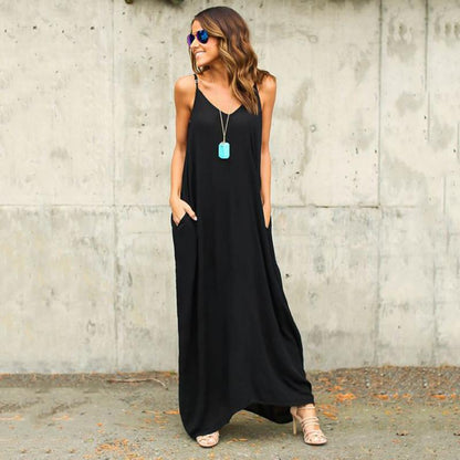 Clearance Irregular Pure Color Spaghetti Strap Long Loose Dress