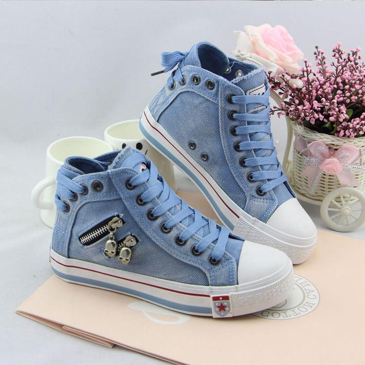 Unique Denim Skull Lace Up High Sneakers Shoes-Homeunderwear