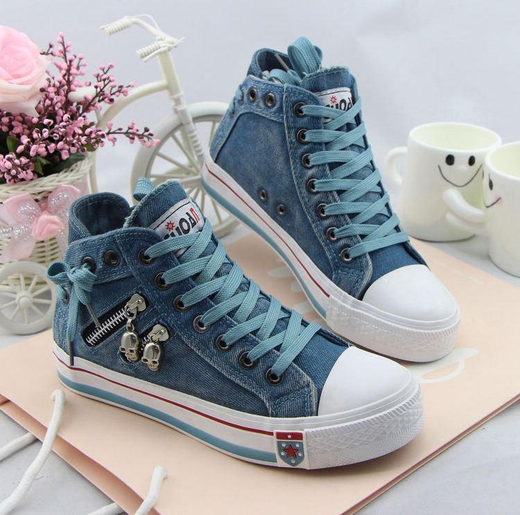 Unique Denim Skull Lace Up High Sneakers Shoes-Homeunderwear