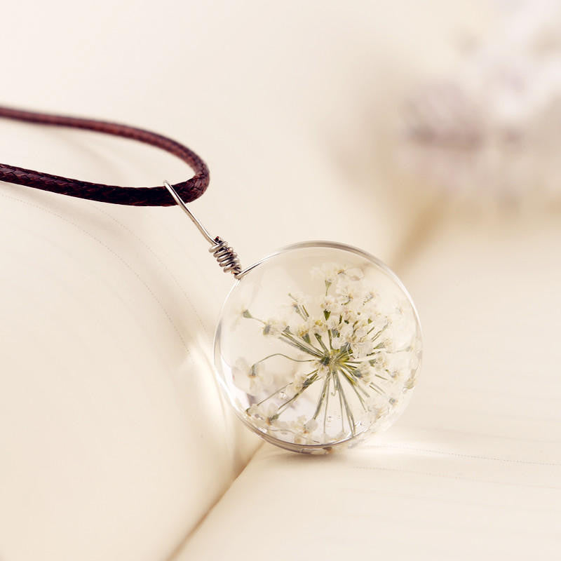 Manual Dandelion Clovers Lace Dried Flower Glass Ball Time Gem Clavicle Pendant Necklace-Homeunderwear