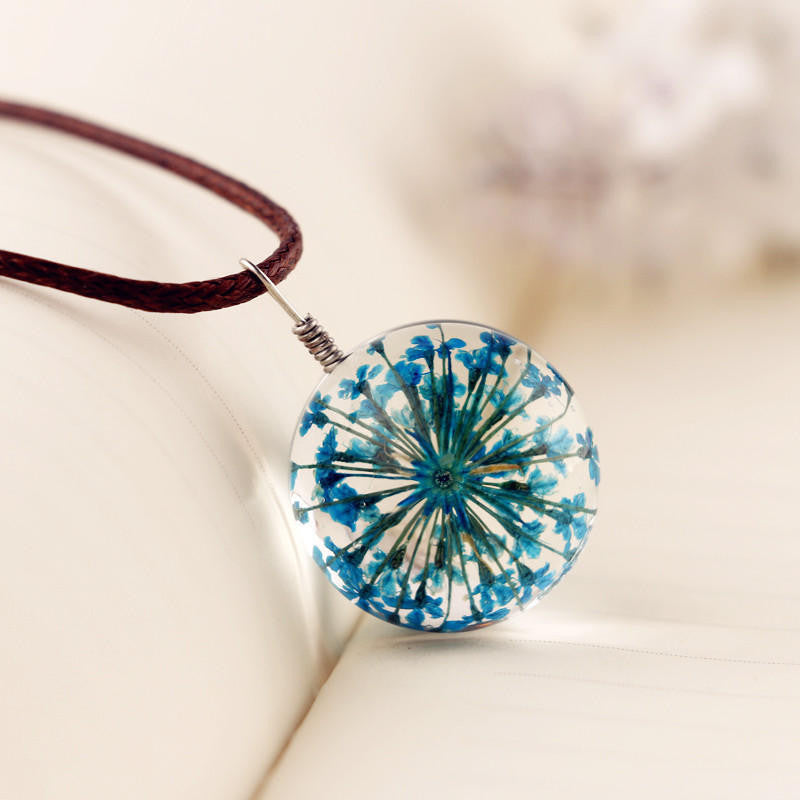 Manual Dandelion Clovers Lace Dried Flower Glass Ball Time Gem Clavicle Pendant Necklace-Homeunderwear