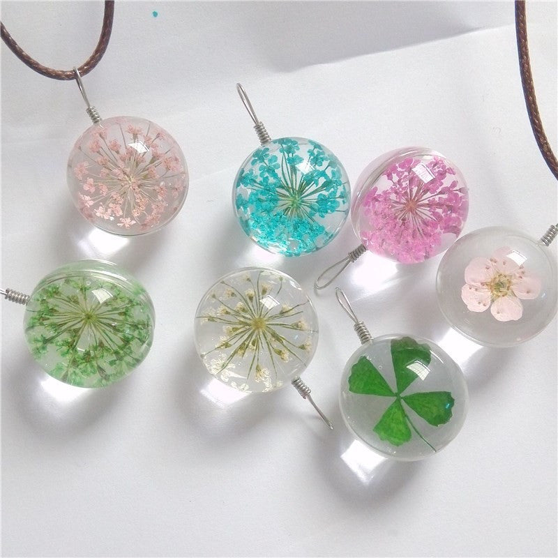 Manual Dandelion Clovers Lace Dried Flower Glass Ball Time Gem Clavicle Pendant Necklace-Homeunderwear