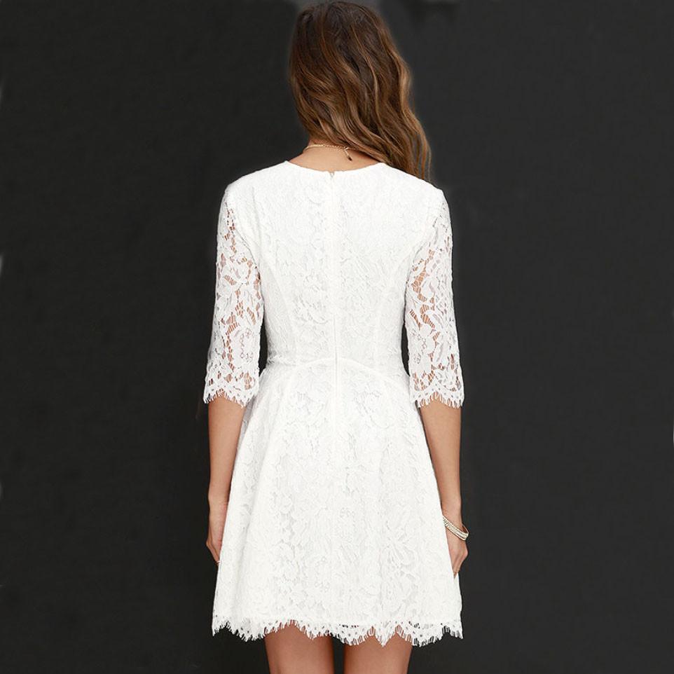 Clearance Pure Color Lace Scoop Half Sleeves Short Dress