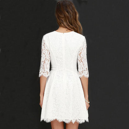 Pure Color Lace Scoop Half Sleeves Short Dress