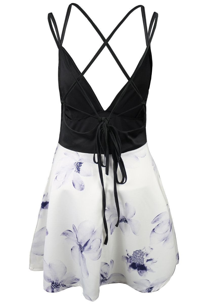 Clearance Spaghetti Strap V-neck Sleeveless Print Short Dress