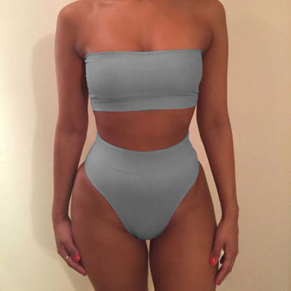 Pure Color Strapless High Waist Two Pieces Swimwear